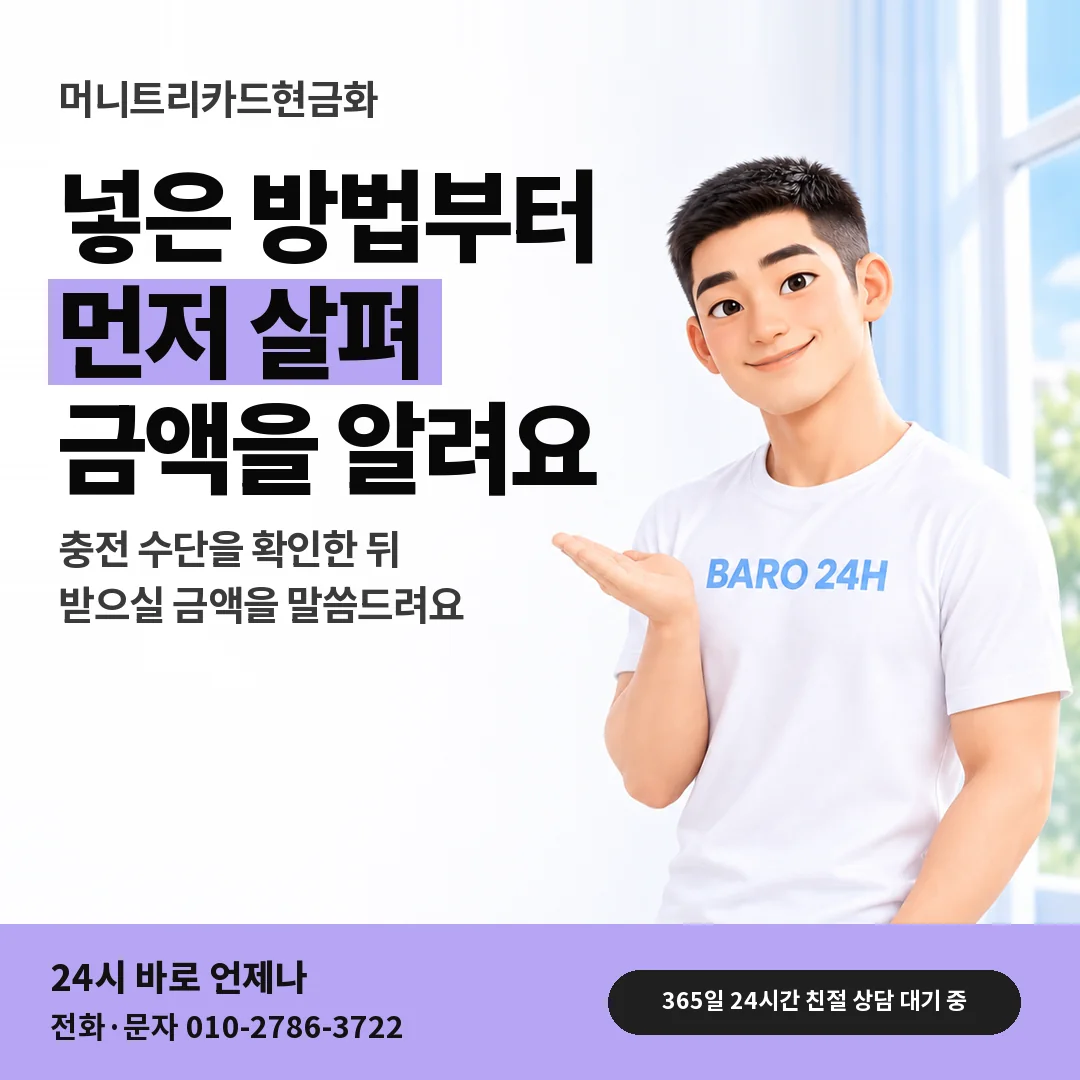 BARO 24H 티셔츠를 입은 3D 인물 옆에 「머니트리카드현금화 충전 수단 안내」 제목을 얹은 안내 카드