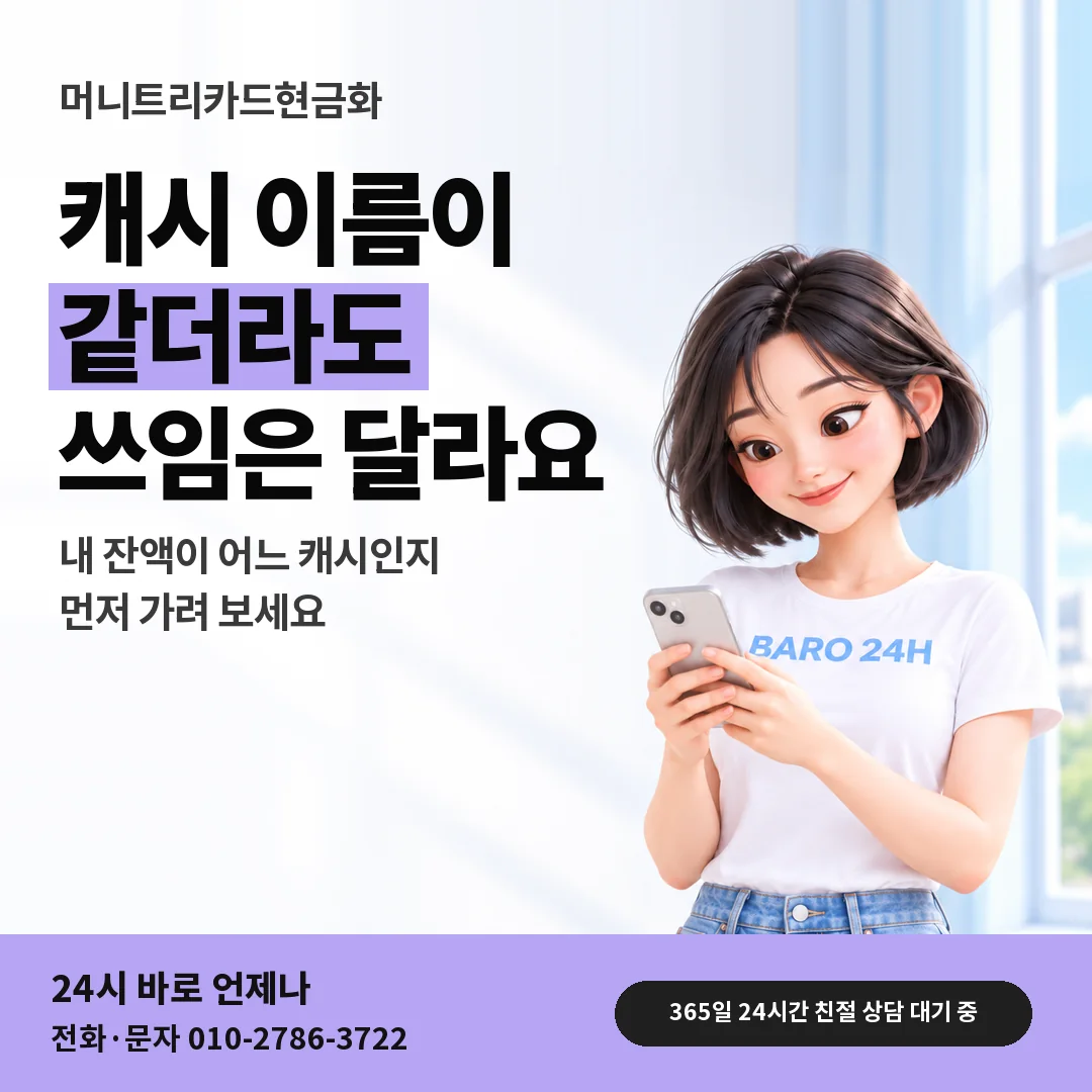 BARO 24H 티셔츠를 입은 3D 인물 옆에 「카드 전용 캐시와 일반 캐시」 제목을 얹은 안내 카드