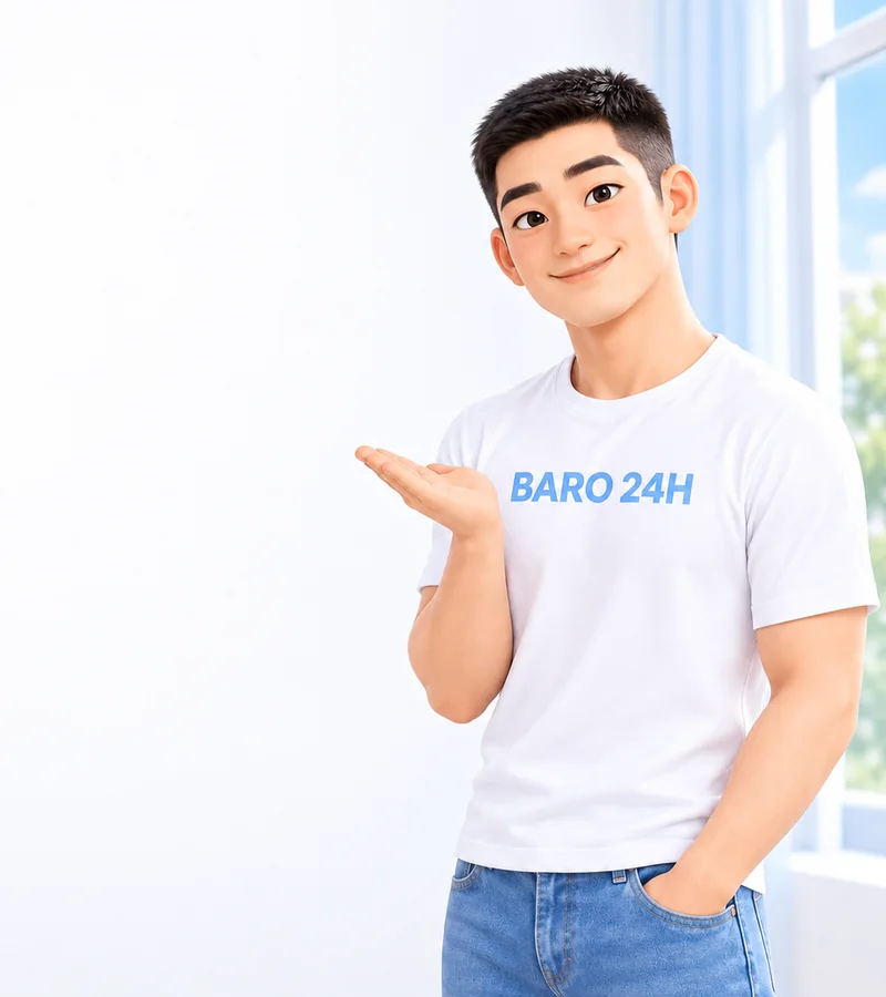휴대폰을 들고 상담을 안내하는 BARO 24H 티셔츠 차림의 20대 3D 인물