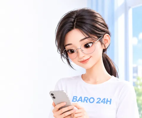 휴대폰을 보며 미소 짓는 여성 3D 인물